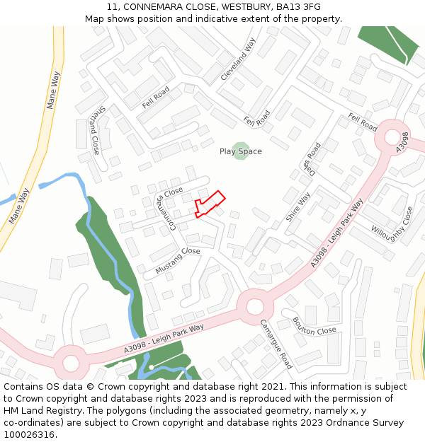 11, CONNEMARA CLOSE, WESTBURY, BA13 3FG: Location map and indicative extent of plot