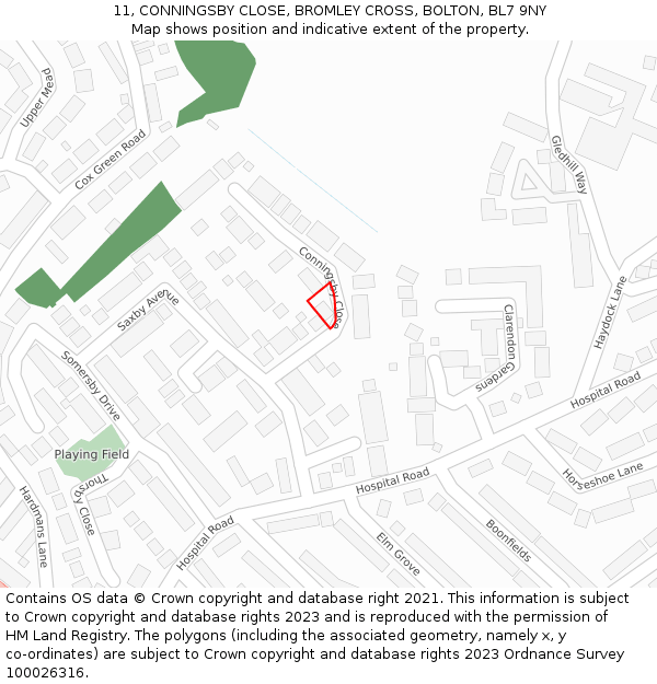 11, CONNINGSBY CLOSE, BROMLEY CROSS, BOLTON, BL7 9NY: Location map and indicative extent of plot