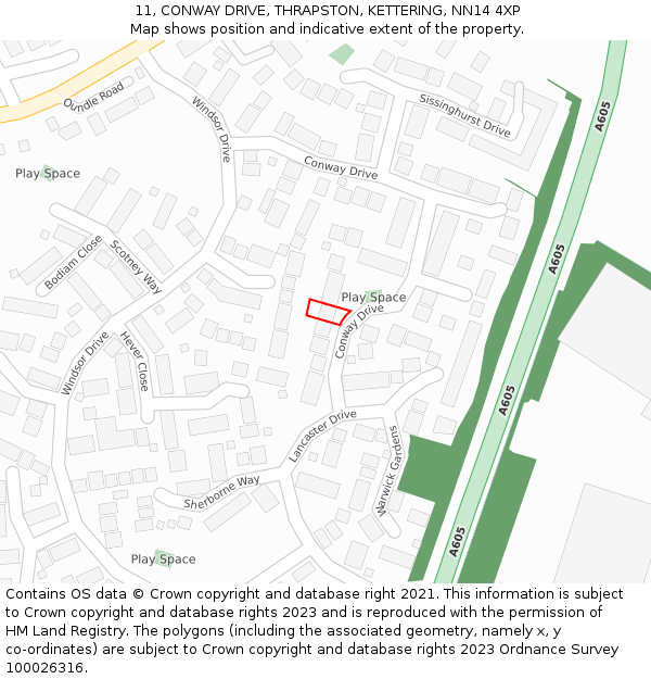 11, CONWAY DRIVE, THRAPSTON, KETTERING, NN14 4XP: Location map and indicative extent of plot