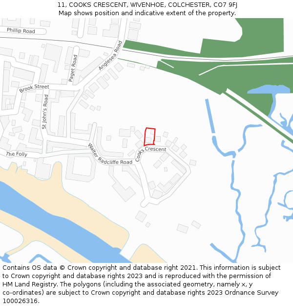 11, COOKS CRESCENT, WIVENHOE, COLCHESTER, CO7 9FJ: Location map and indicative extent of plot