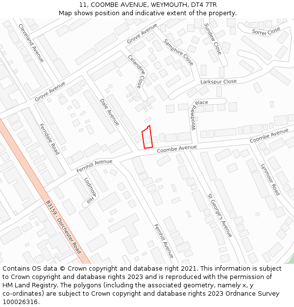 11, COOMBE AVENUE, WEYMOUTH, DT4 7TR: Location map and indicative extent of plot