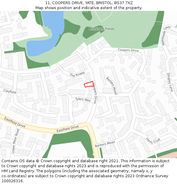 11, COOPERS DRIVE, YATE, BRISTOL, BS37 7XZ: Location map and indicative extent of plot