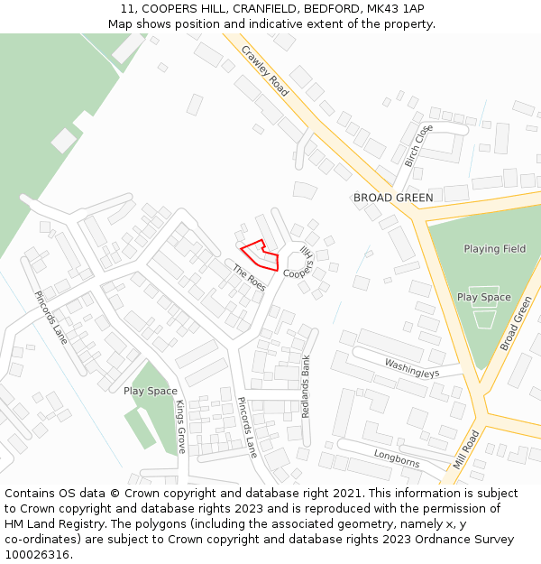 11, COOPERS HILL, CRANFIELD, BEDFORD, MK43 1AP: Location map and indicative extent of plot