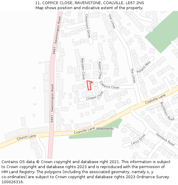 11, COPPICE CLOSE, RAVENSTONE, COALVILLE, LE67 2NS: Location map and indicative extent of plot