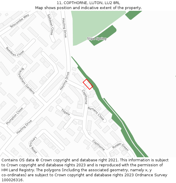 11, COPTHORNE, LUTON, LU2 8RL: Location map and indicative extent of plot