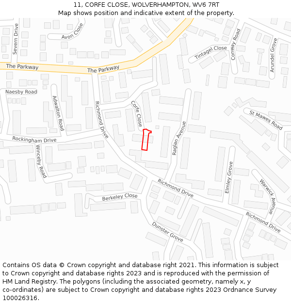 11, CORFE CLOSE, WOLVERHAMPTON, WV6 7RT: Location map and indicative extent of plot