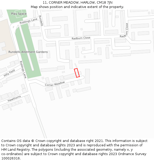 11, CORNER MEADOW, HARLOW, CM18 7JN: Location map and indicative extent of plot