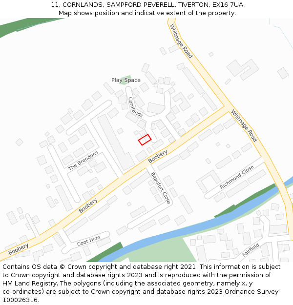 11, CORNLANDS, SAMPFORD PEVERELL, TIVERTON, EX16 7UA: Location map and indicative extent of plot