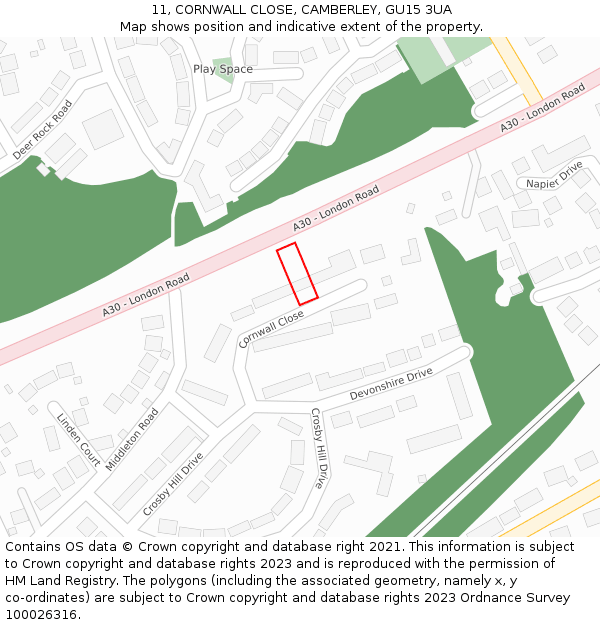 11, CORNWALL CLOSE, CAMBERLEY, GU15 3UA: Location map and indicative extent of plot