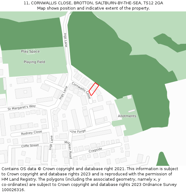 11, CORNWALLIS CLOSE, BROTTON, SALTBURN-BY-THE-SEA, TS12 2GA: Location map and indicative extent of plot