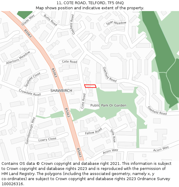 11, COTE ROAD, TELFORD, TF5 0NQ: Location map and indicative extent of plot
