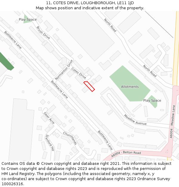 11, COTES DRIVE, LOUGHBOROUGH, LE11 1JD: Location map and indicative extent of plot