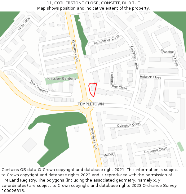 11, COTHERSTONE CLOSE, CONSETT, DH8 7UE: Location map and indicative extent of plot