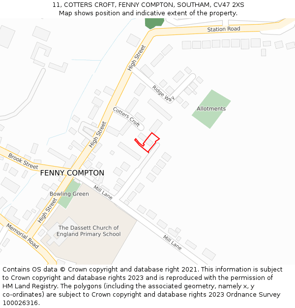 11, COTTERS CROFT, FENNY COMPTON, SOUTHAM, CV47 2XS: Location map and indicative extent of plot