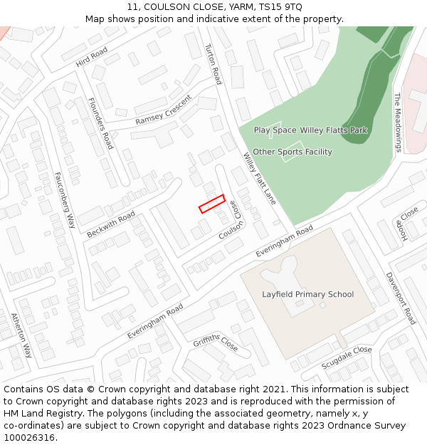 11, COULSON CLOSE, YARM, TS15 9TQ: Location map and indicative extent of plot