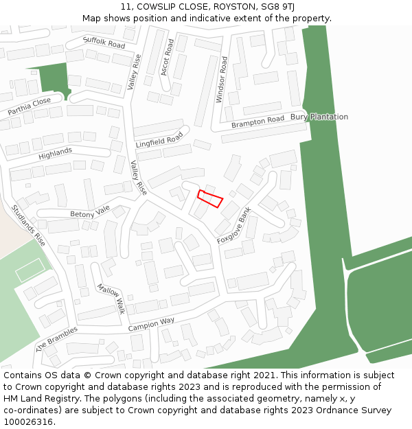 11, COWSLIP CLOSE, ROYSTON, SG8 9TJ: Location map and indicative extent of plot