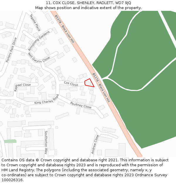 11, COX CLOSE, SHENLEY, RADLETT, WD7 9JQ: Location map and indicative extent of plot