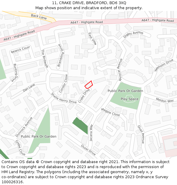 11, CRAKE DRIVE, BRADFORD, BD6 3XQ: Location map and indicative extent of plot