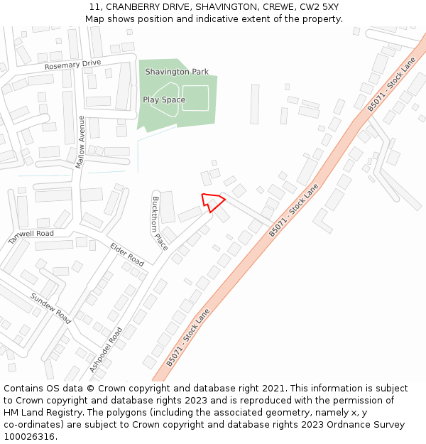 11, CRANBERRY DRIVE, SHAVINGTON, CREWE, CW2 5XY: Location map and indicative extent of plot