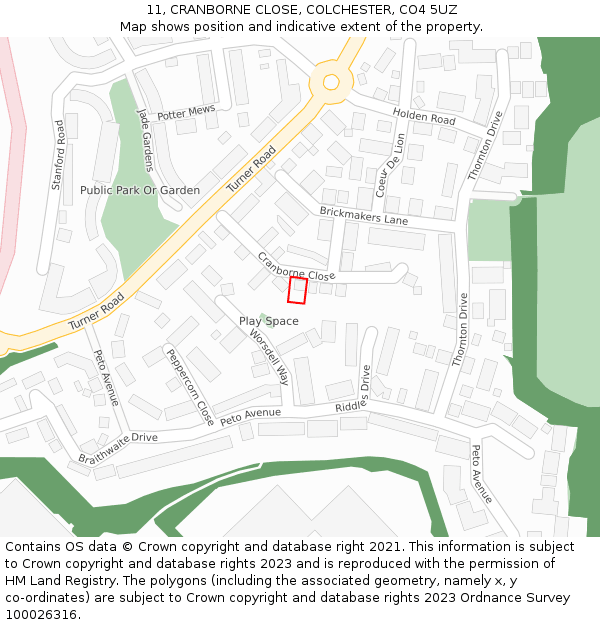 11, CRANBORNE CLOSE, COLCHESTER, CO4 5UZ: Location map and indicative extent of plot