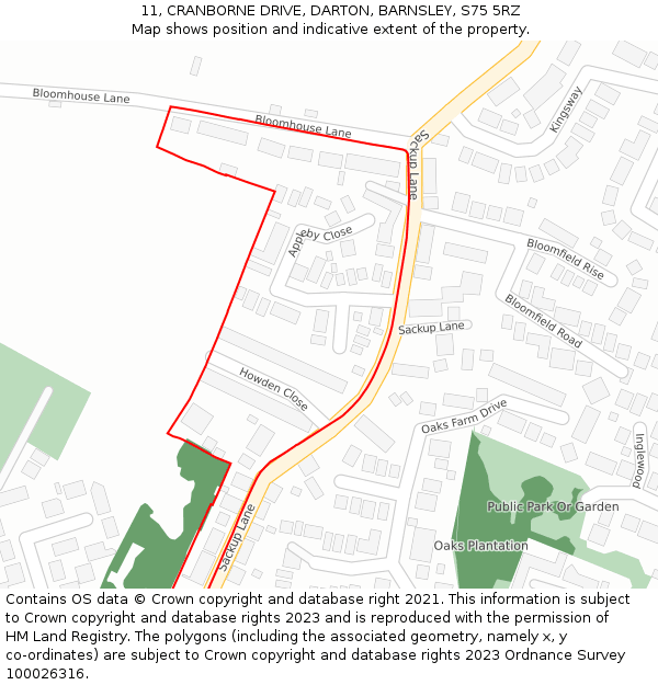 11, CRANBORNE DRIVE, DARTON, BARNSLEY, S75 5RZ: Location map and indicative extent of plot