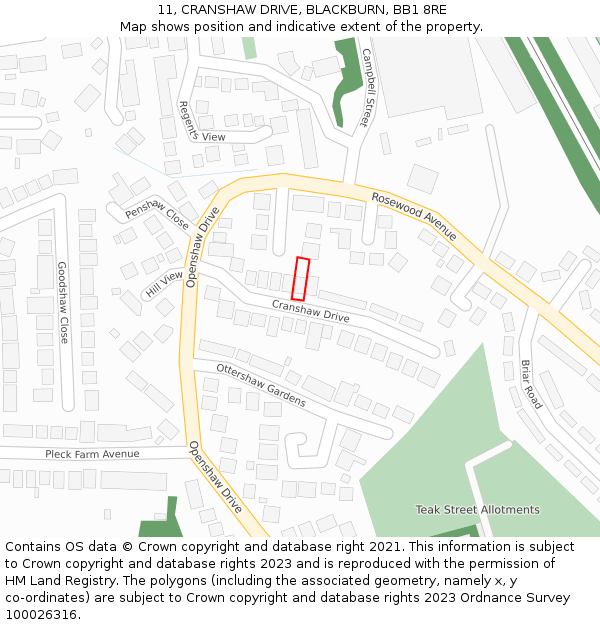 11, CRANSHAW DRIVE, BLACKBURN, BB1 8RE: Location map and indicative extent of plot