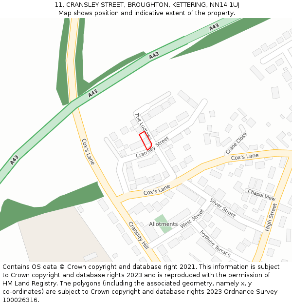 11, CRANSLEY STREET, BROUGHTON, KETTERING, NN14 1UJ: Location map and indicative extent of plot