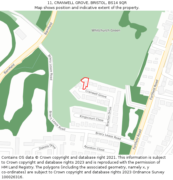 11, CRANWELL GROVE, BRISTOL, BS14 9QR: Location map and indicative extent of plot