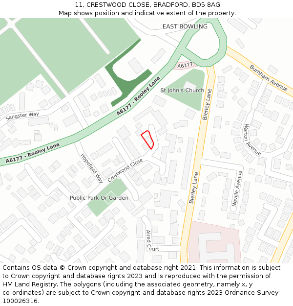 11, CRESTWOOD CLOSE, BRADFORD, BD5 8AG: Location map and indicative extent of plot