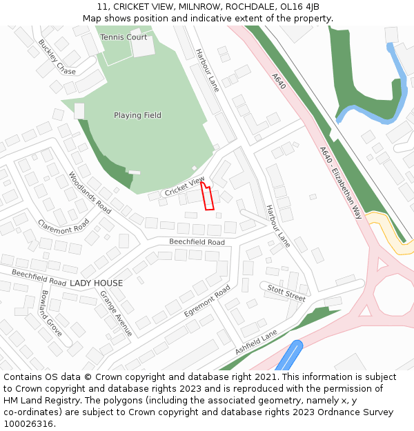 11, CRICKET VIEW, MILNROW, ROCHDALE, OL16 4JB: Location map and indicative extent of plot