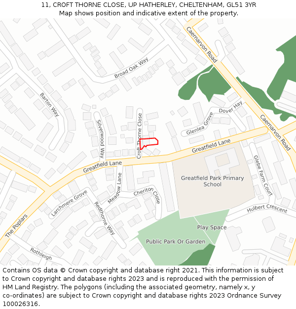 11, CROFT THORNE CLOSE, UP HATHERLEY, CHELTENHAM, GL51 3YR: Location map and indicative extent of plot