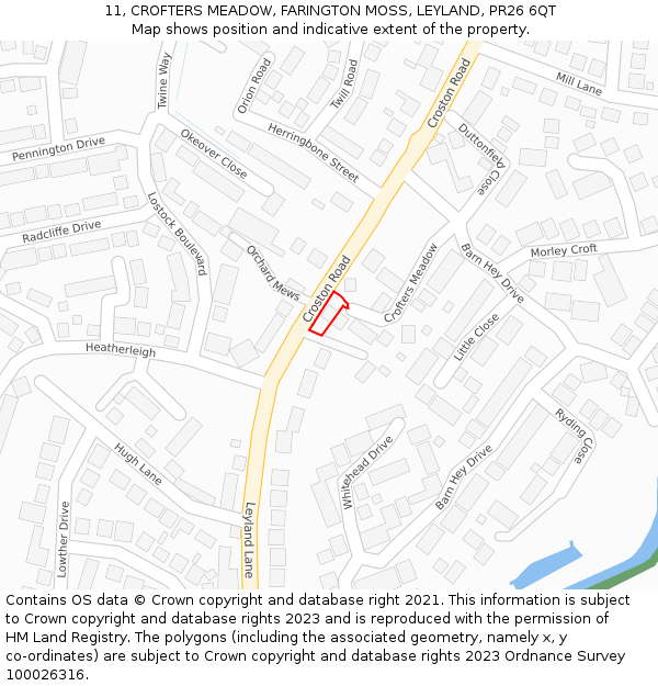 11, CROFTERS MEADOW, FARINGTON MOSS, LEYLAND, PR26 6QT: Location map and indicative extent of plot