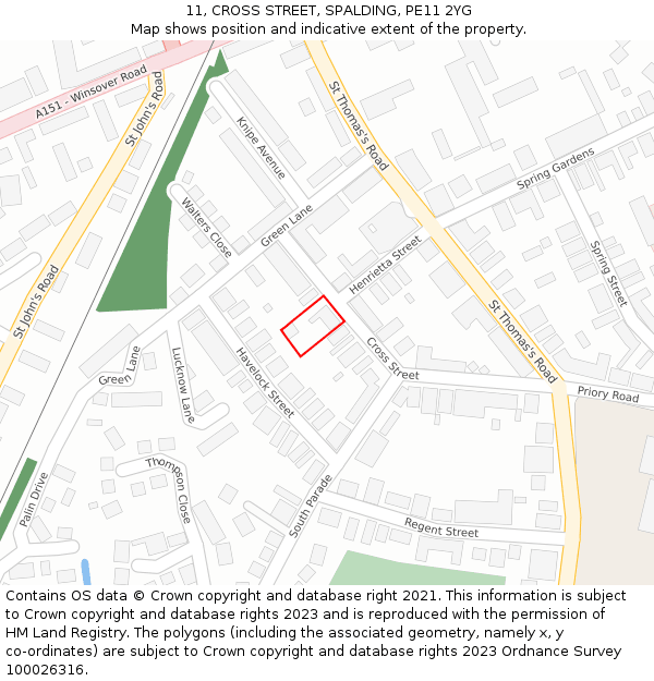 11, CROSS STREET, SPALDING, PE11 2YG: Location map and indicative extent of plot