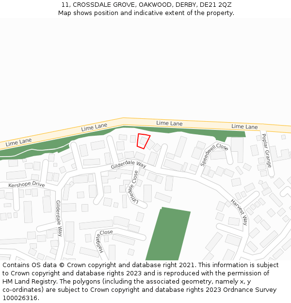 11, CROSSDALE GROVE, OAKWOOD, DERBY, DE21 2QZ: Location map and indicative extent of plot