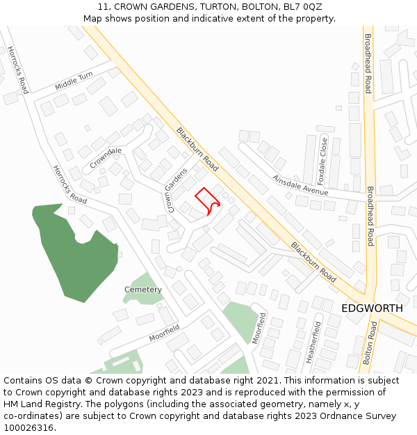 11, CROWN GARDENS, TURTON, BOLTON, BL7 0QZ: Location map and indicative extent of plot