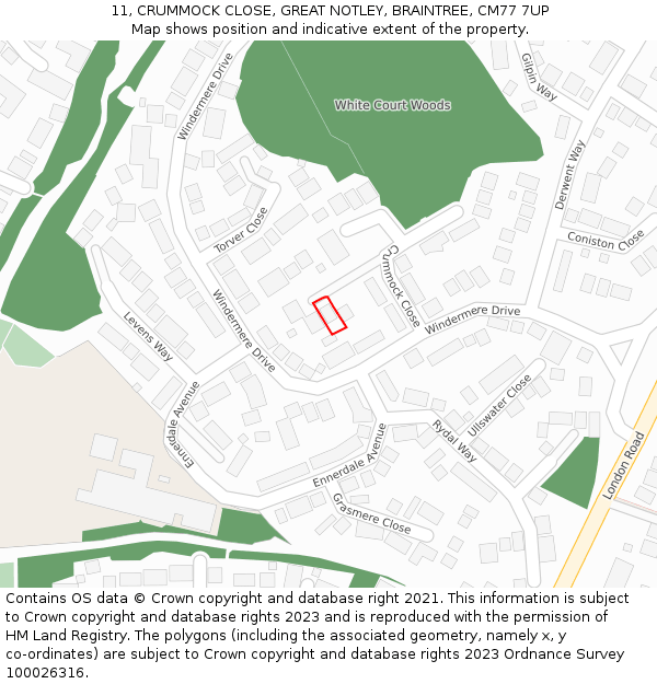 11, CRUMMOCK CLOSE, GREAT NOTLEY, BRAINTREE, CM77 7UP: Location map and indicative extent of plot