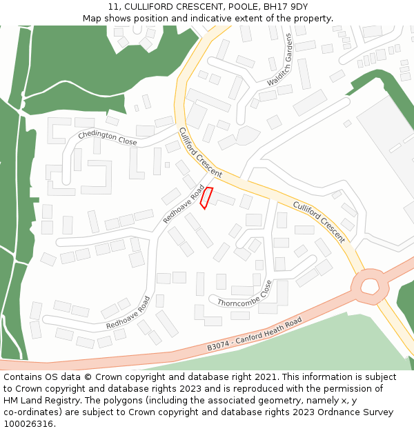 11, CULLIFORD CRESCENT, POOLE, BH17 9DY: Location map and indicative extent of plot