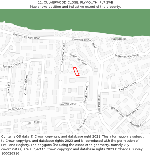 11, CULVERWOOD CLOSE, PLYMOUTH, PL7 2WB: Location map and indicative extent of plot