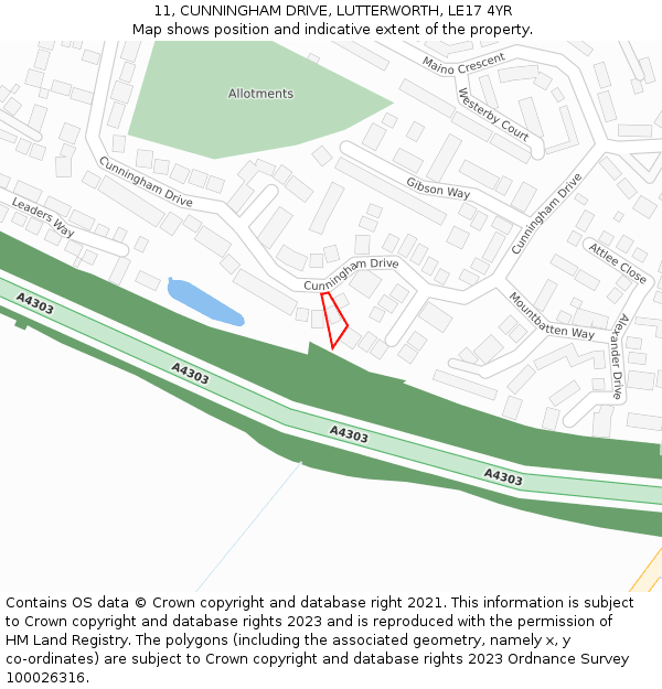 11, CUNNINGHAM DRIVE, LUTTERWORTH, LE17 4YR: Location map and indicative extent of plot