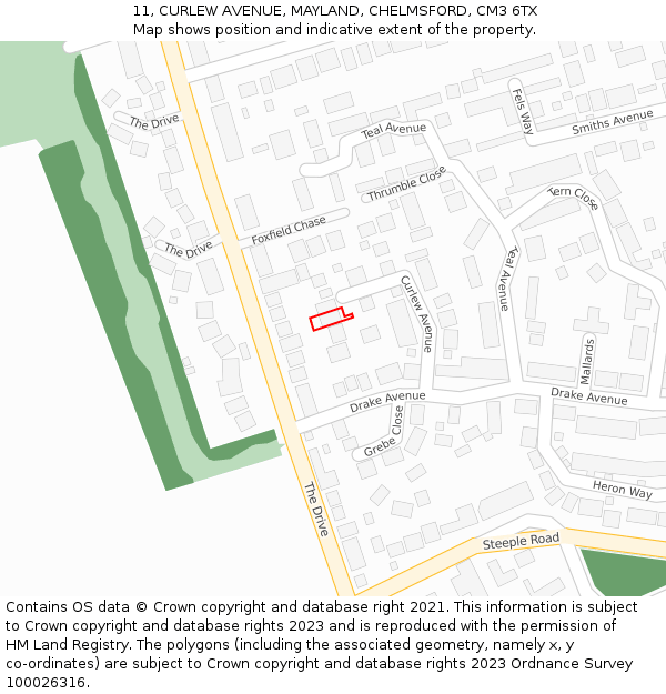 11, CURLEW AVENUE, MAYLAND, CHELMSFORD, CM3 6TX: Location map and indicative extent of plot