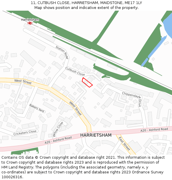 11, CUTBUSH CLOSE, HARRIETSHAM, MAIDSTONE, ME17 1LY: Location map and indicative extent of plot