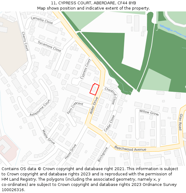 11, CYPRESS COURT, ABERDARE, CF44 8YB: Location map and indicative extent of plot