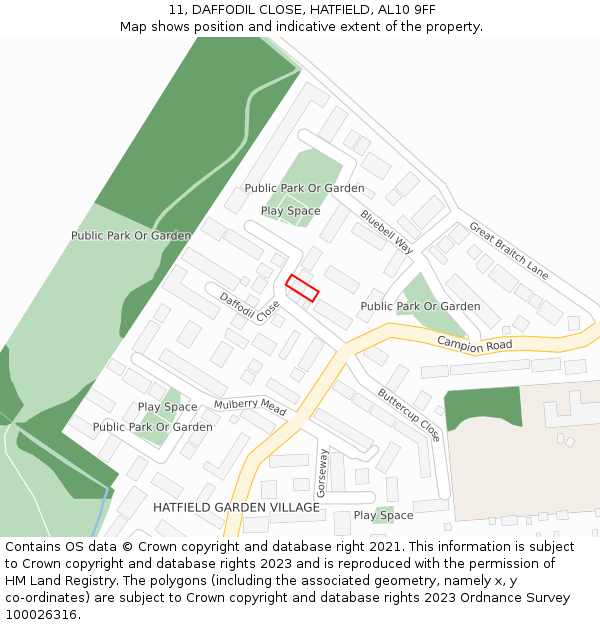 11, DAFFODIL CLOSE, HATFIELD, AL10 9FF: Location map and indicative extent of plot