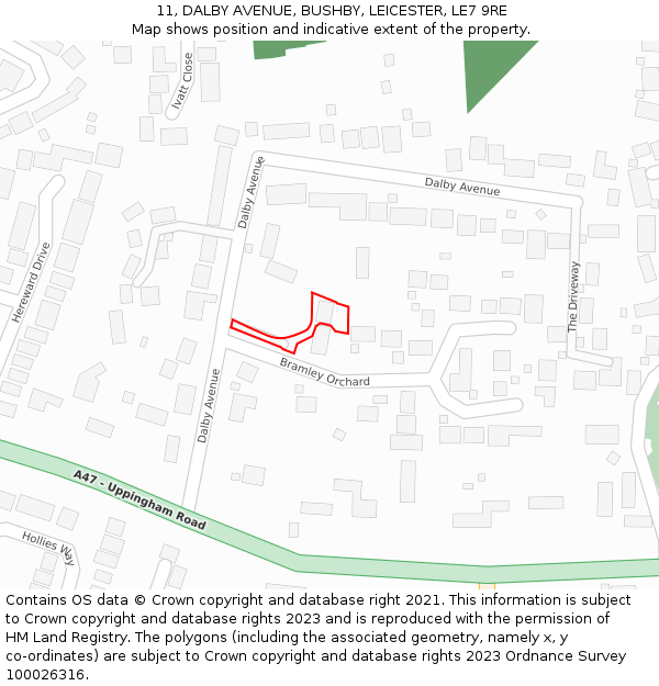 11, DALBY AVENUE, BUSHBY, LEICESTER, LE7 9RE: Location map and indicative extent of plot