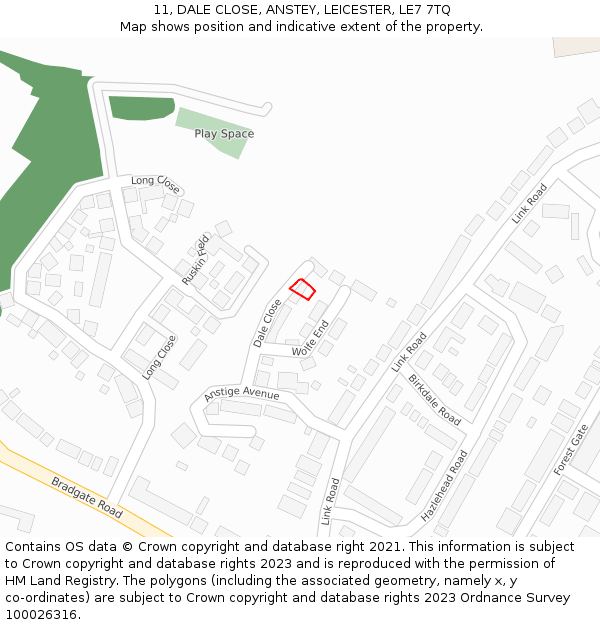 11, DALE CLOSE, ANSTEY, LEICESTER, LE7 7TQ: Location map and indicative extent of plot