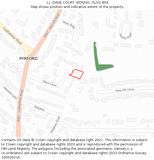 11, DANE COURT, WOKING, GU22 8SX: Location map and indicative extent of plot