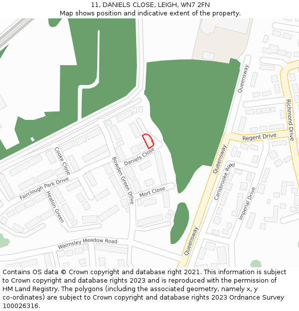 11, DANIELS CLOSE, LEIGH, WN7 2FN: Location map and indicative extent of plot