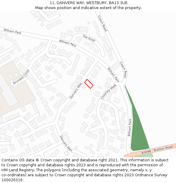 11, DANVERS WAY, WESTBURY, BA13 3UE: Location map and indicative extent of plot