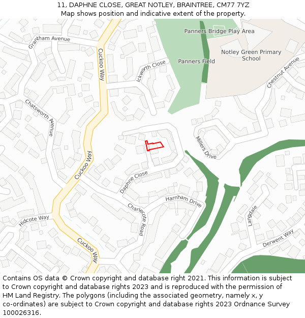 11, DAPHNE CLOSE, GREAT NOTLEY, BRAINTREE, CM77 7YZ: Location map and indicative extent of plot