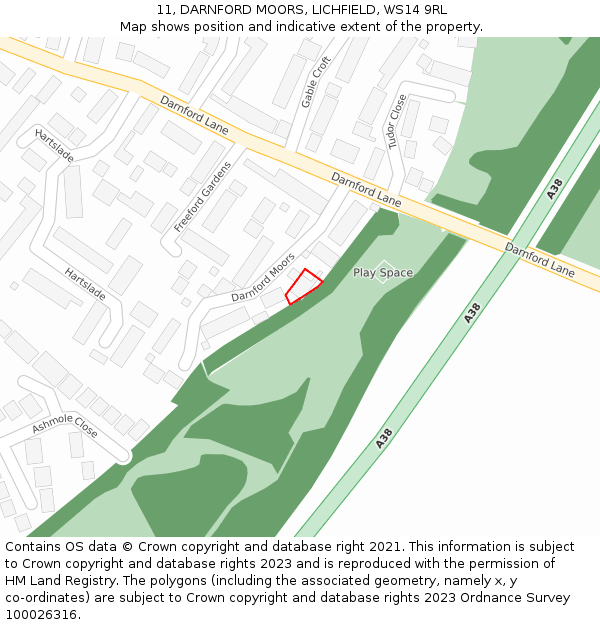 11, DARNFORD MOORS, LICHFIELD, WS14 9RL: Location map and indicative extent of plot